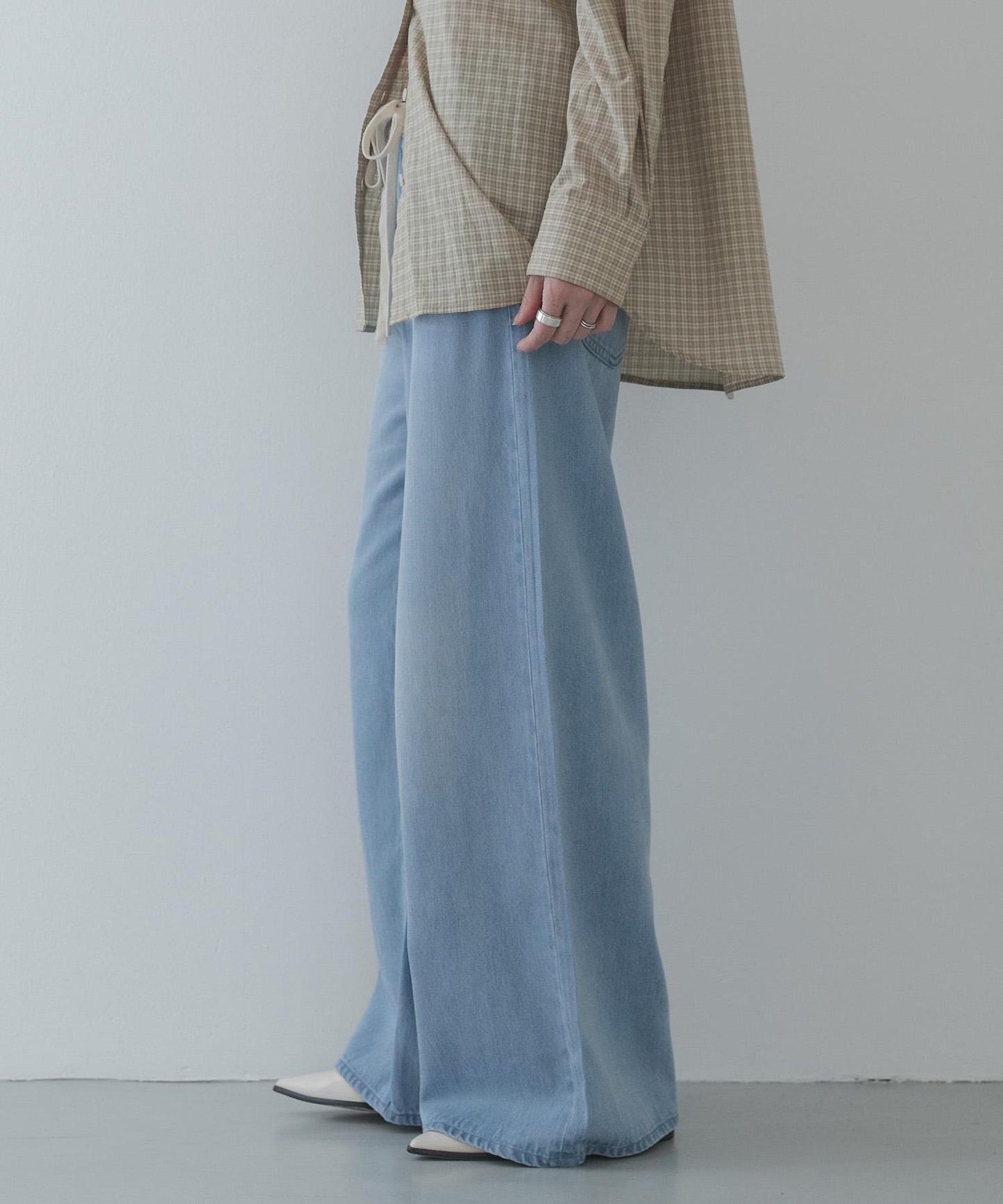 天絲棉抽繩闊腿牛仔褲