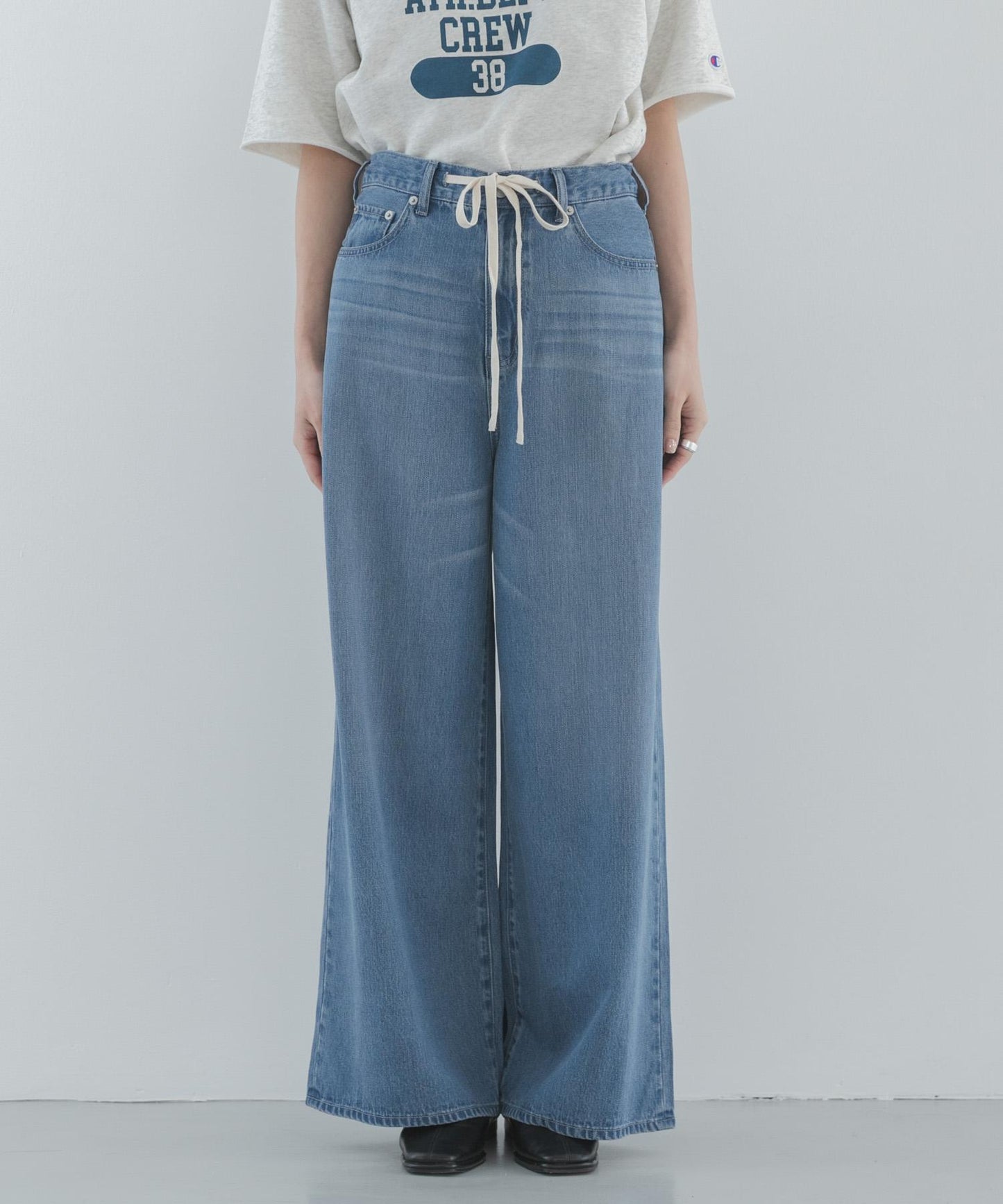 天絲棉抽繩闊腿牛仔褲