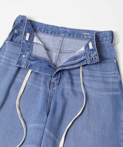 天絲棉抽繩闊腿牛仔褲