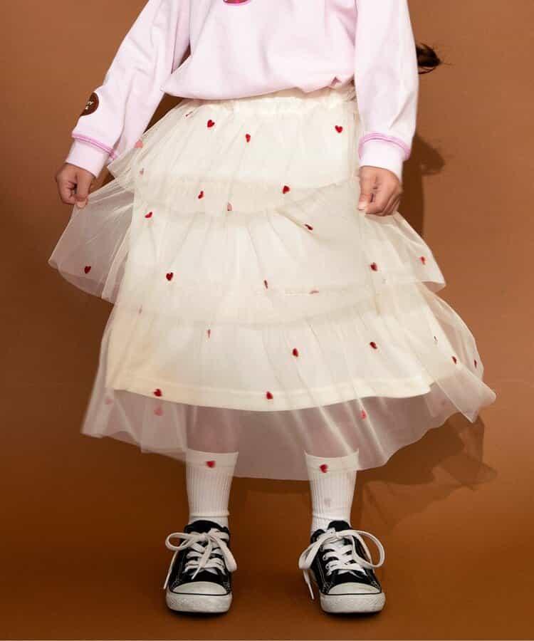ハート総柄刺繍チュールスカート