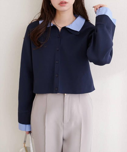 ニット衿レイヤードカーデ