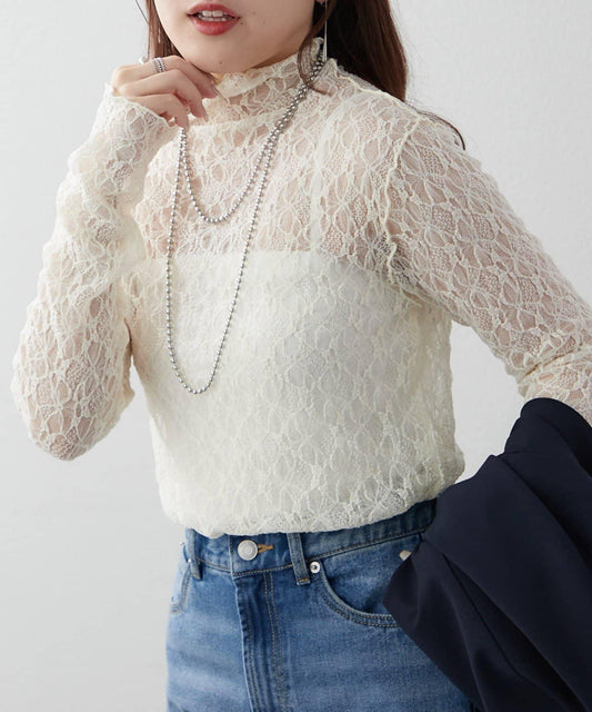 伸縮性バツグン!レースボトルネックプルオーバー