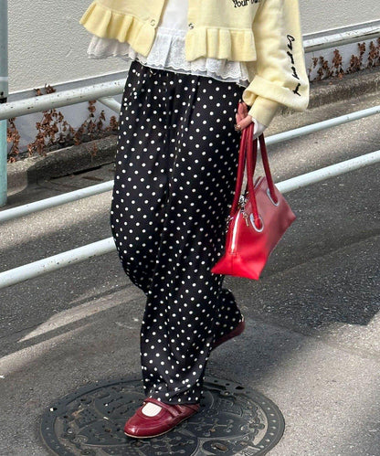 蕾絲口袋 弧形版型 圓點緞面 褲子