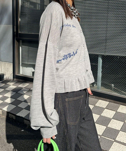 メッセージ刺繡ロゴフリルニットカーディガン