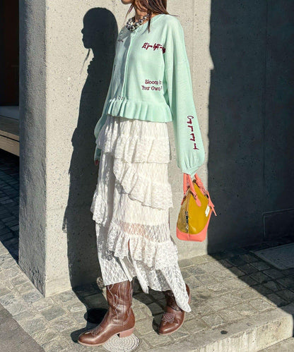 メッセージ刺繡ロゴフリルニットカーディガン
