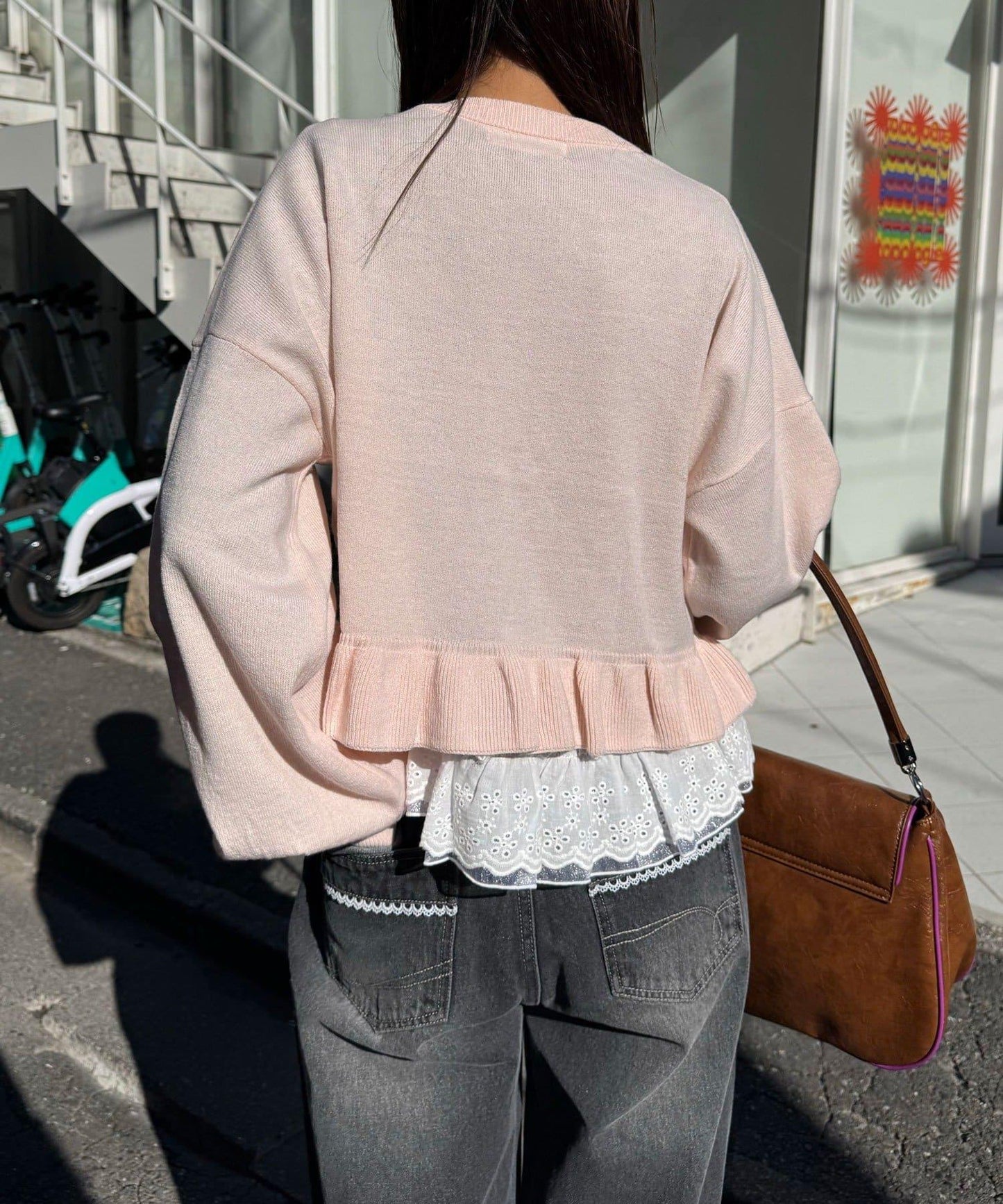 メッセージ刺繡ロゴフリルニットカーディガン