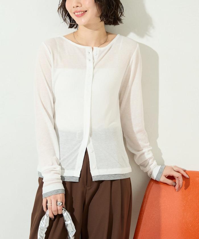 配色シアーリブボタンカーディガン【限定展開】