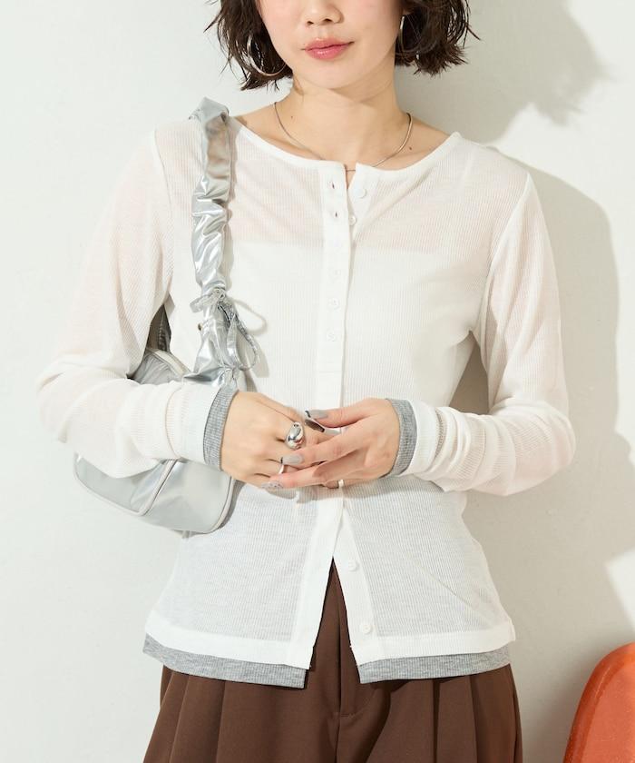 配色シアーリブボタンカーディガン【限定展開】