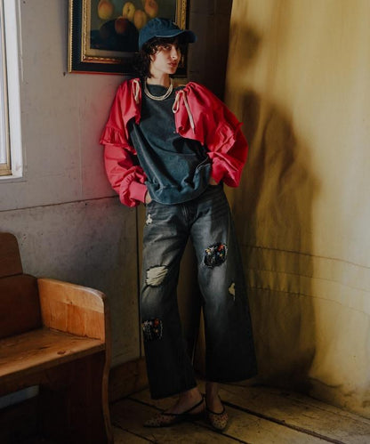 フラワー刺繍ワイドデニム