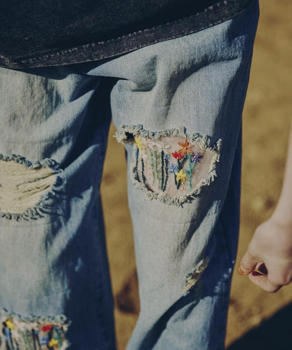 フラワー刺繍ワイドデニム