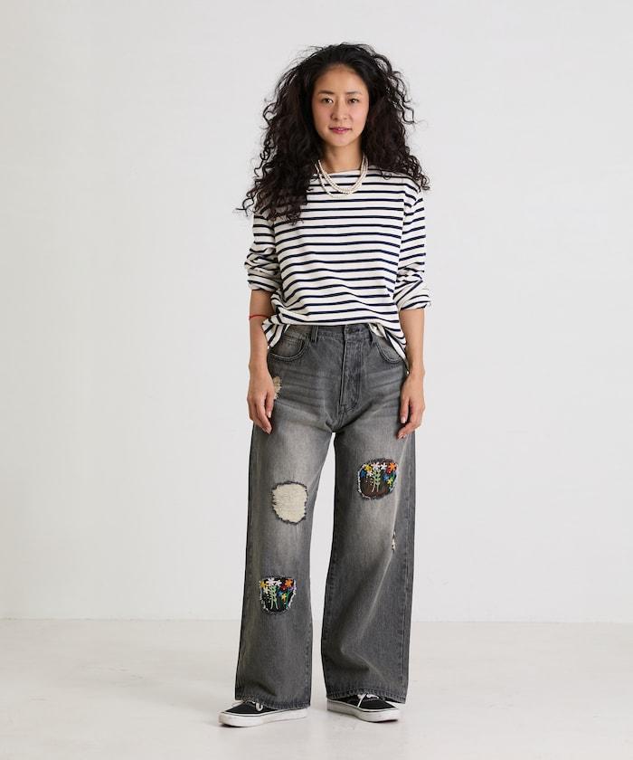 フラワー刺繍ワイドデニム