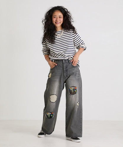 フラワー刺繍ワイドデニム