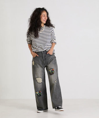 フラワー刺繍ワイドデニム