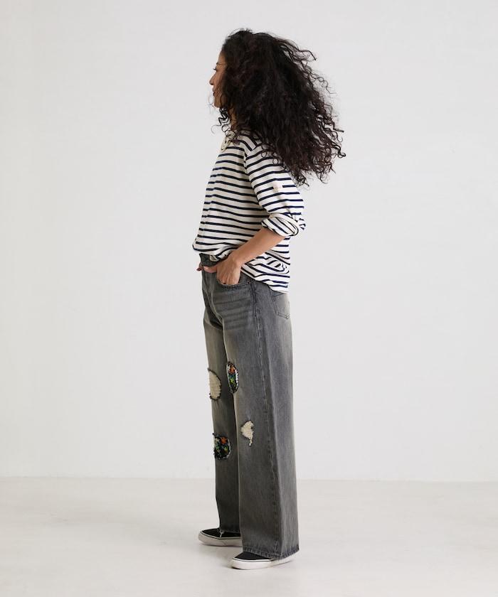 フラワー刺繍ワイドデニム