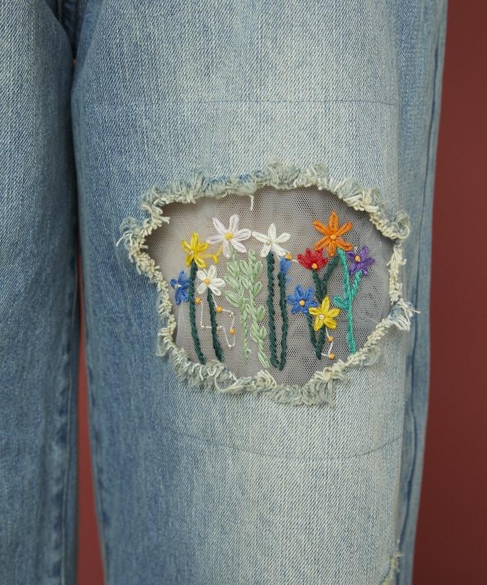 フラワー刺繍ワイドデニム