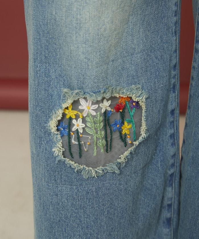 フラワー刺繍ワイドデニム