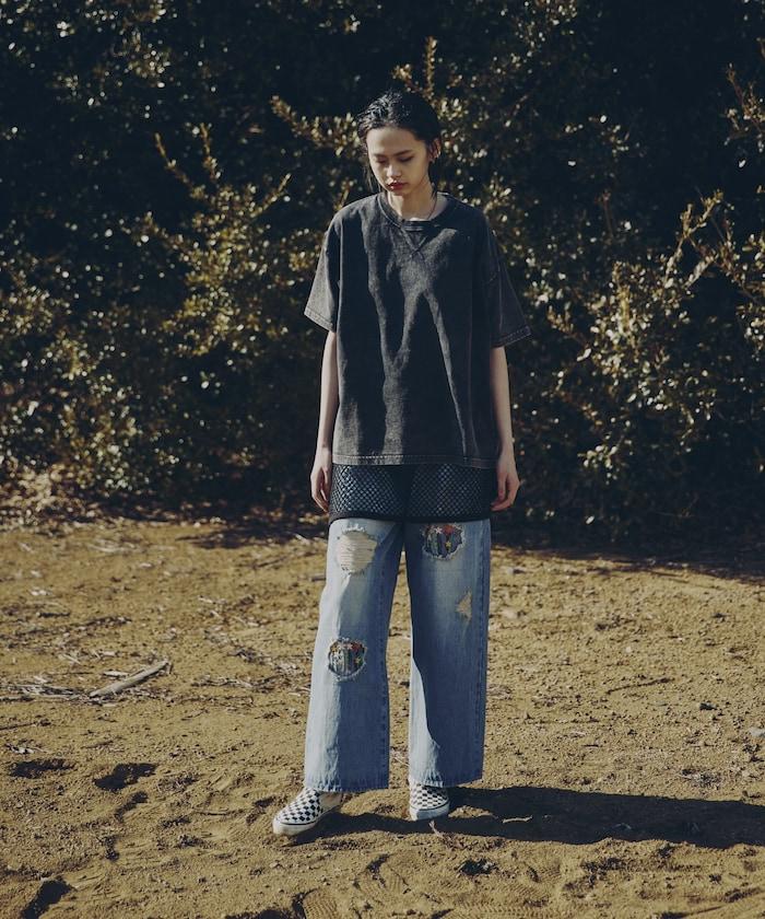 フラワー刺繍ワイドデニム