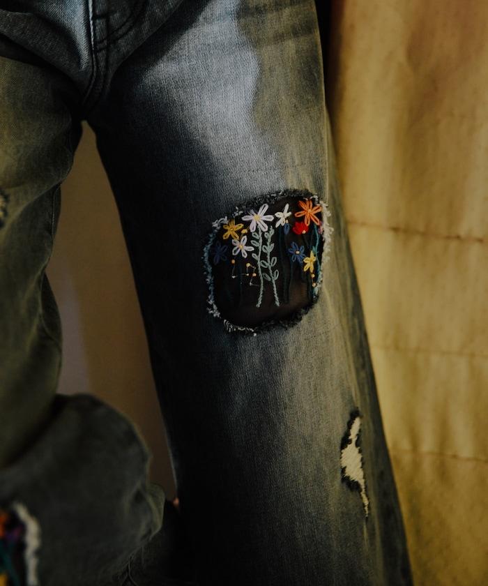 フラワー刺繍ワイドデニム