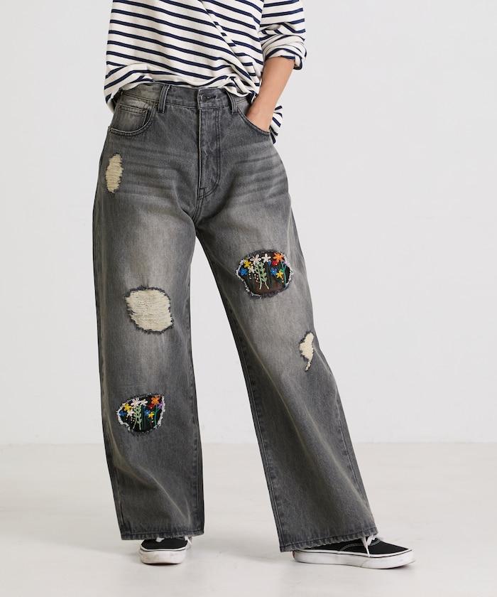 フラワー刺繍ワイドデニム