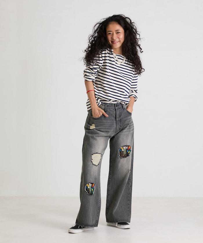 フラワー刺繍ワイドデニム