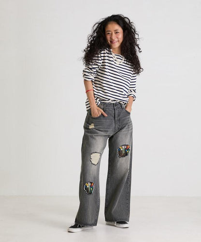 フラワー刺繍ワイドデニム