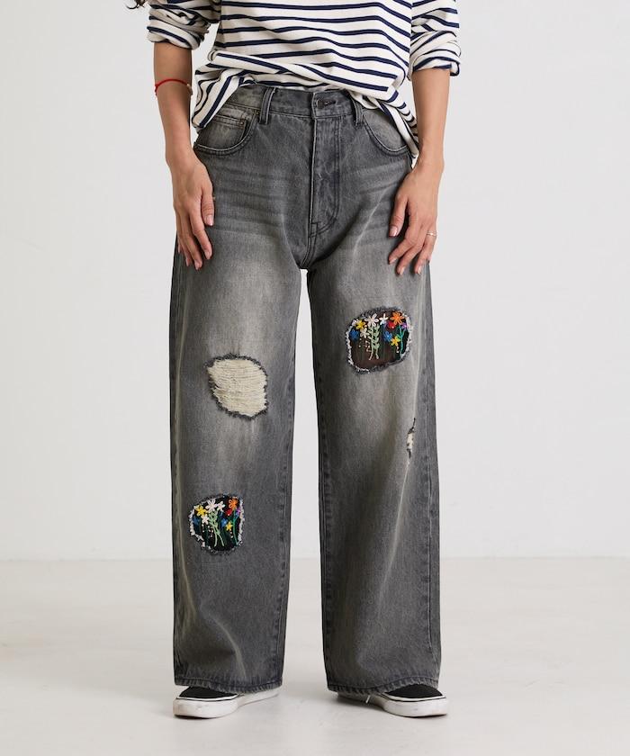 フラワー刺繍ワイドデニム