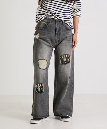 フラワー刺繍ワイドデニム