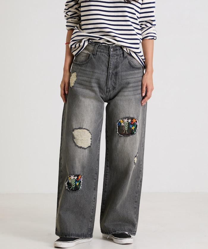 フラワー刺繍ワイドデニム