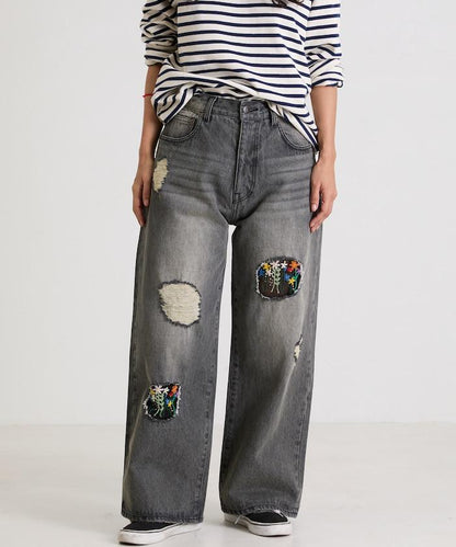 フラワー刺繍ワイドデニム