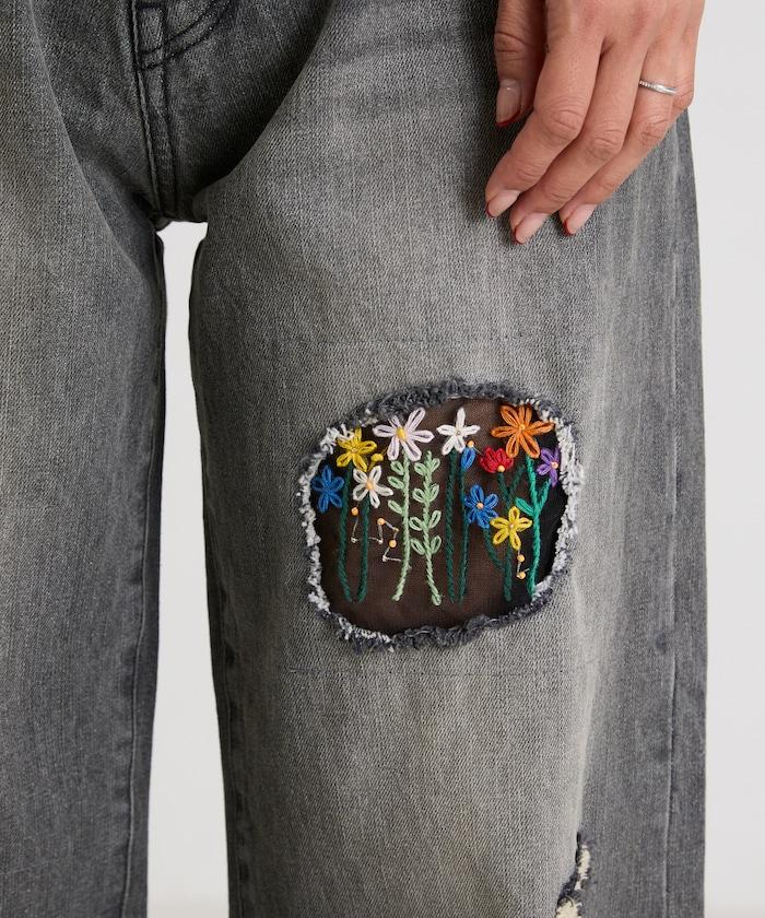 フラワー刺繍ワイドデニム