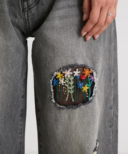 フラワー刺繍ワイドデニム