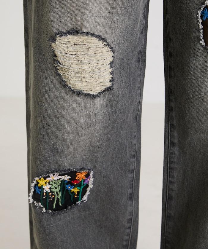 フラワー刺繍ワイドデニム