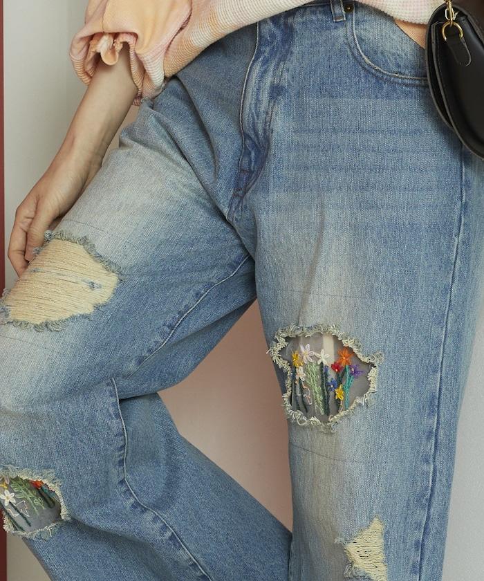 フラワー刺繍ワイドデニム