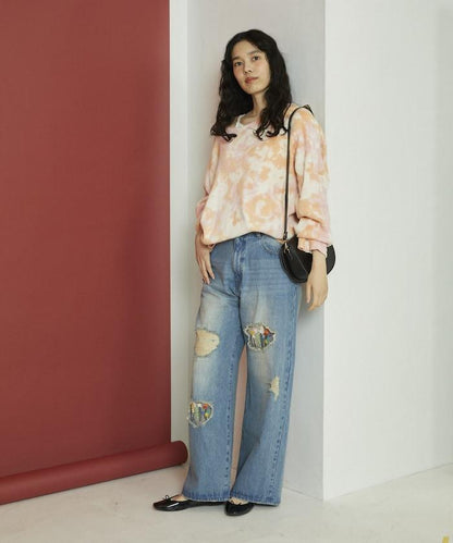 フラワー刺繍ワイドデニム