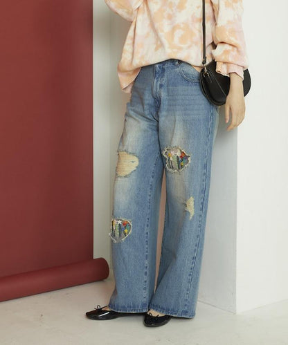 フラワー刺繍ワイドデニム