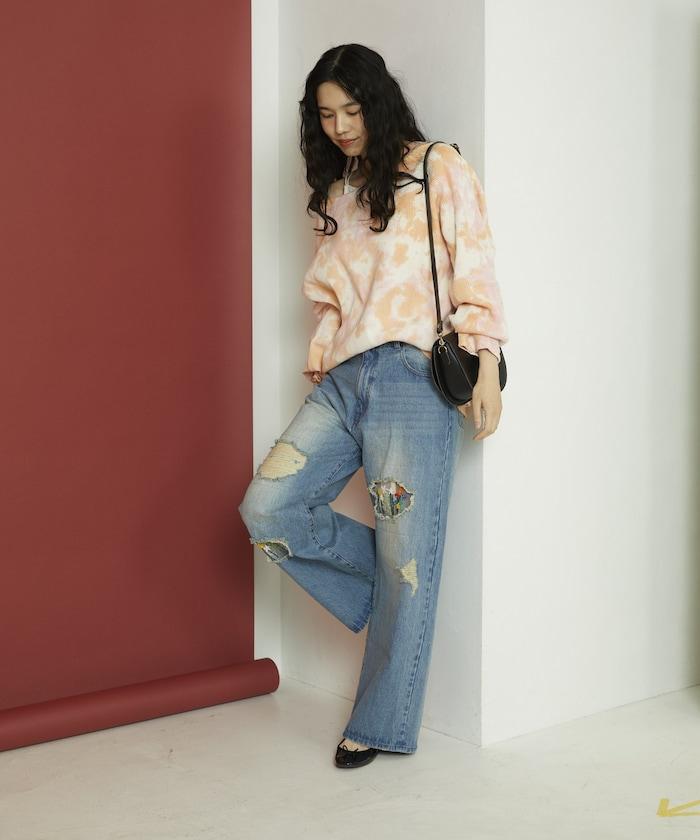 フラワー刺繍ワイドデニム