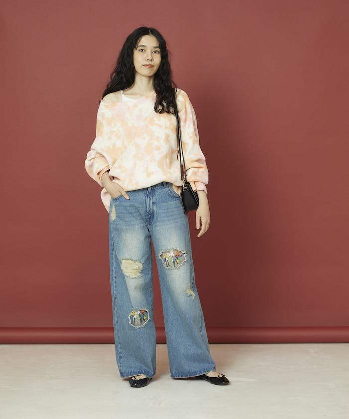 フラワー刺繍ワイドデニム