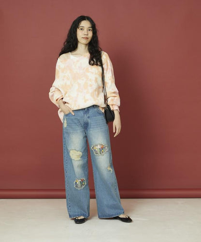 フラワー刺繍ワイドデニム