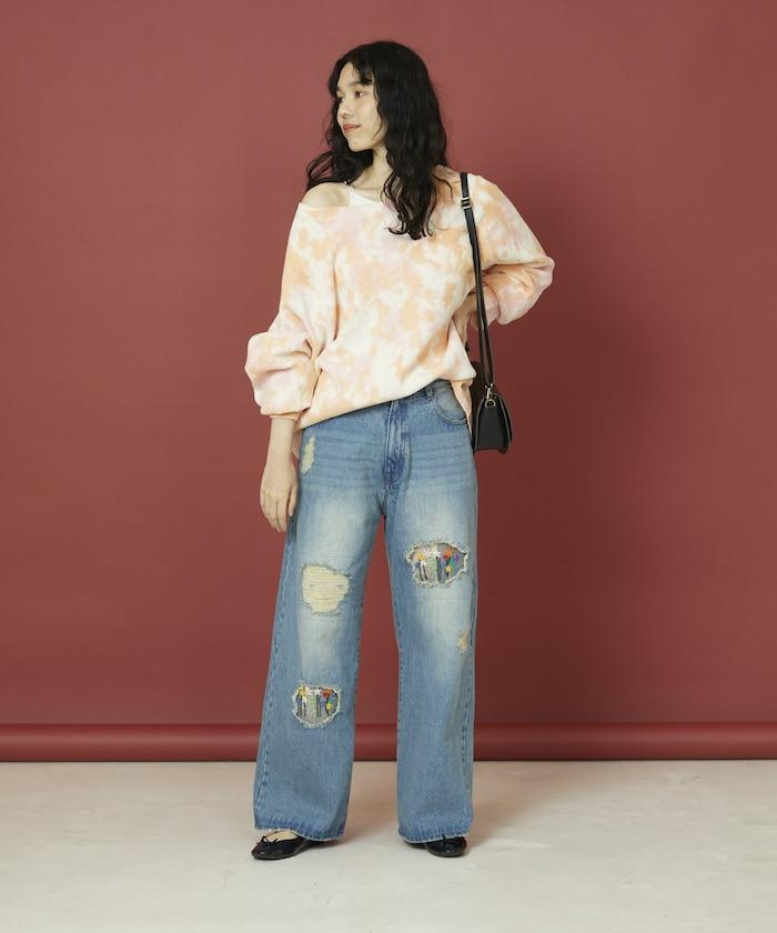 フラワー刺繍ワイドデニム