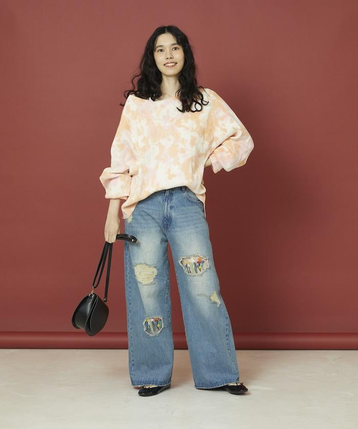 フラワー刺繍ワイドデニム