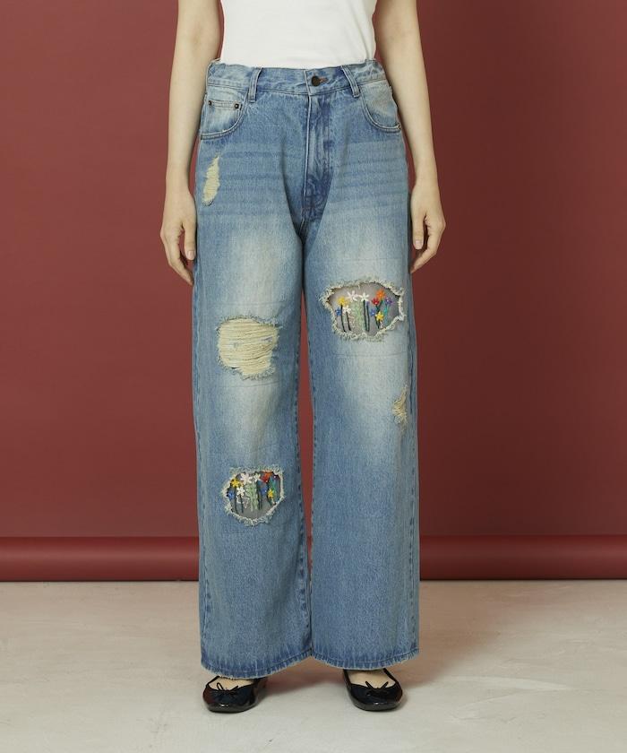 フラワー刺繍ワイドデニム
