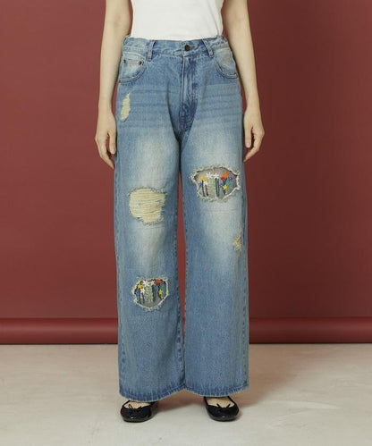 フラワー刺繍ワイドデニム