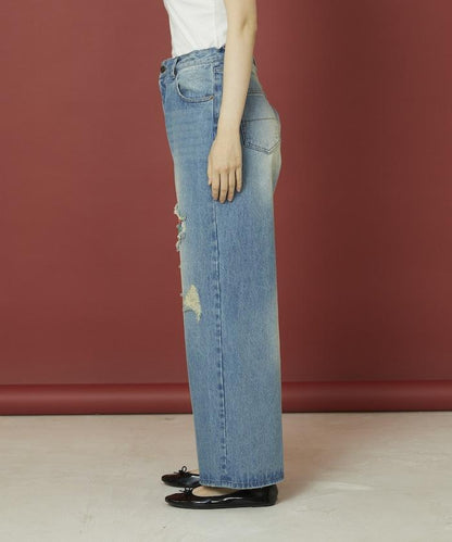 フラワー刺繍ワイドデニム