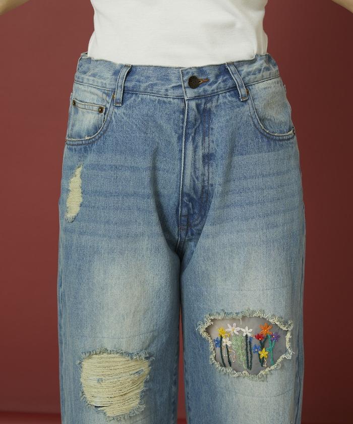 フラワー刺繍ワイドデニム