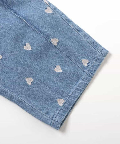 心形刺繡打褶 闊腿 九分褲