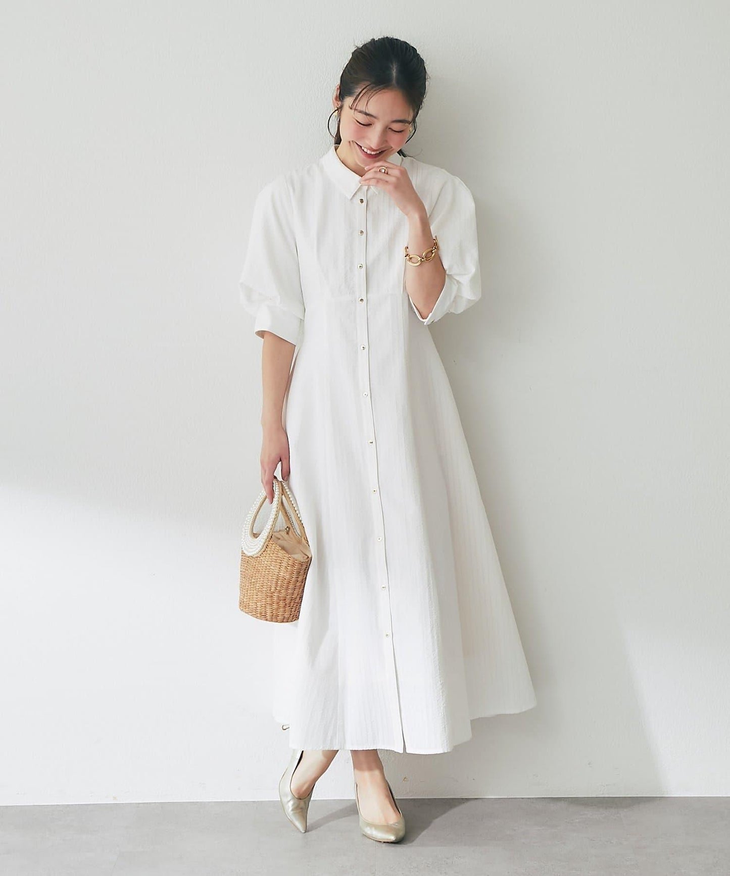【La boutique BonBon】條紋喇叭襯衫連衣裙
