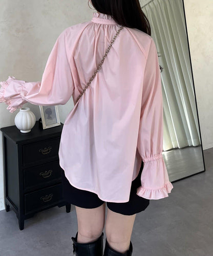 荷葉邊糖果袖 前系蝴蝶結 設計感 女式襯衫