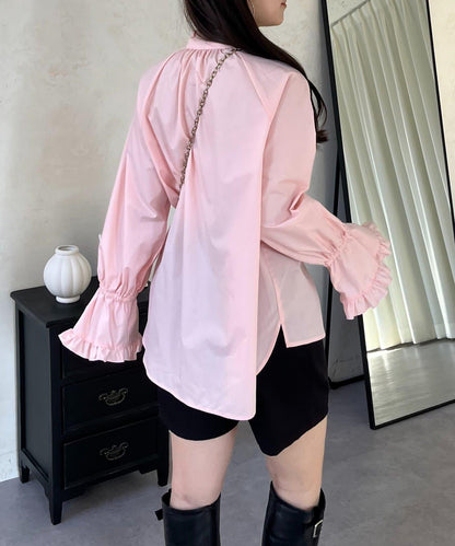 荷葉邊糖果袖 前系蝴蝶結 設計感 女式襯衫
