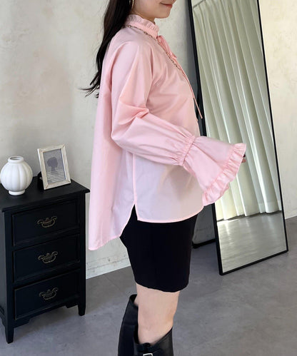 荷葉邊糖果袖 前系蝴蝶結 設計感 女式襯衫