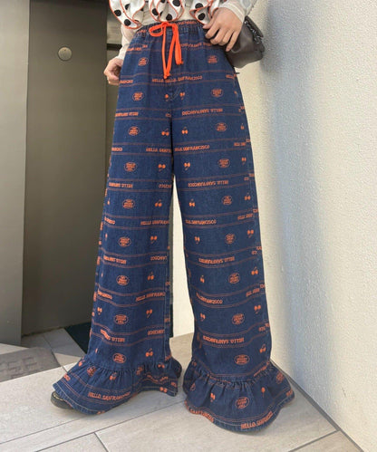 HELLO.SANFRANCISCO/ハローサンフランシスコ 褲腳荷葉邊滿版刺繡寬鬆牛仔褲